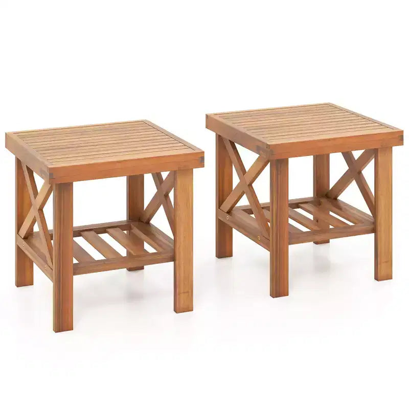 Costway Set di 2 Tavolini da Esterno in Legno di Acacia, Stile Adirondack con Ripiano Contenitore Naturale
