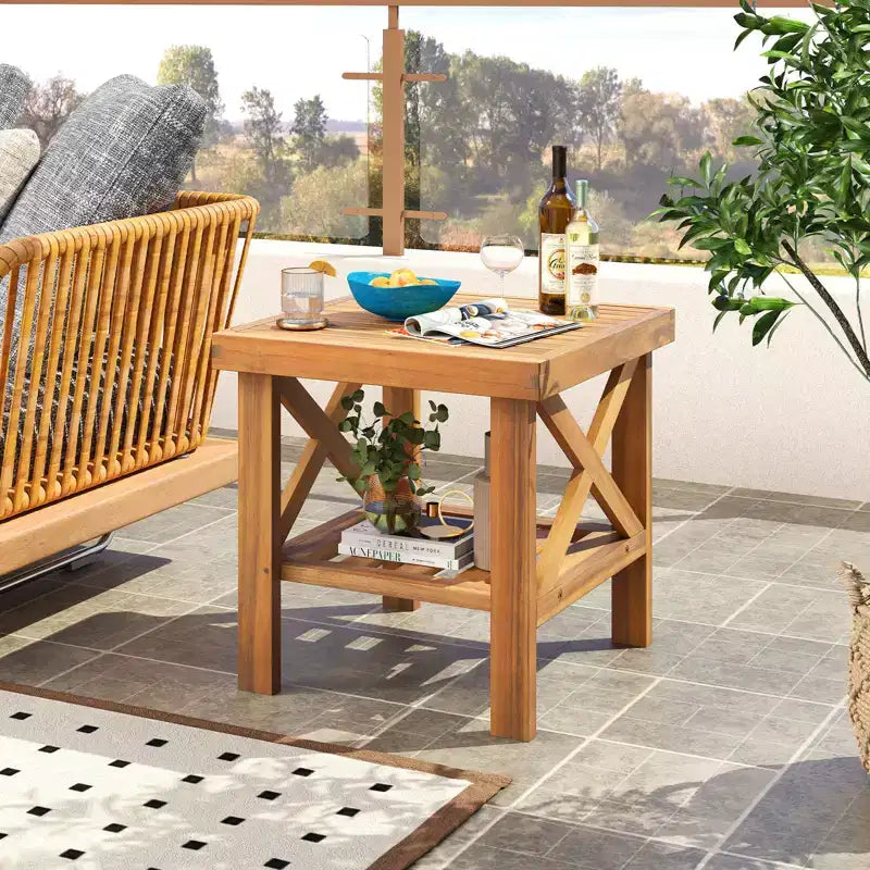 Costway Set di 2 Tavolini da Esterno in Legno di Acacia, Stile Adirondack con Ripiano Contenitore Naturale