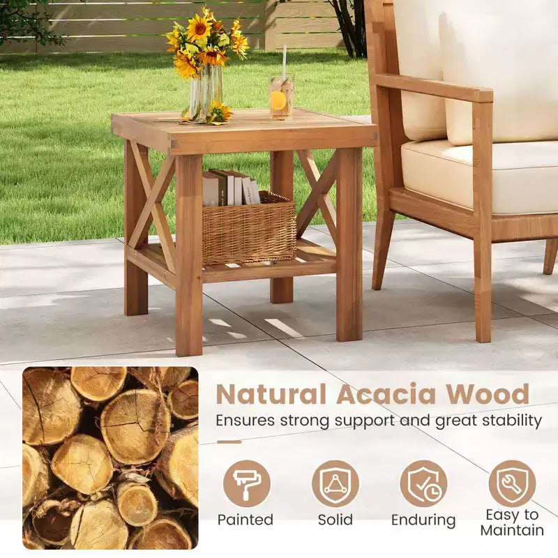 Costway Set di 2 Tavolini da Esterno in Legno di Acacia, Stile Adirondack con Ripiano Contenitore Naturale