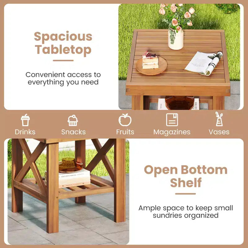 Costway Set di 2 Tavolini da Esterno in Legno di Acacia, Stile Adirondack con Ripiano Contenitore Naturale