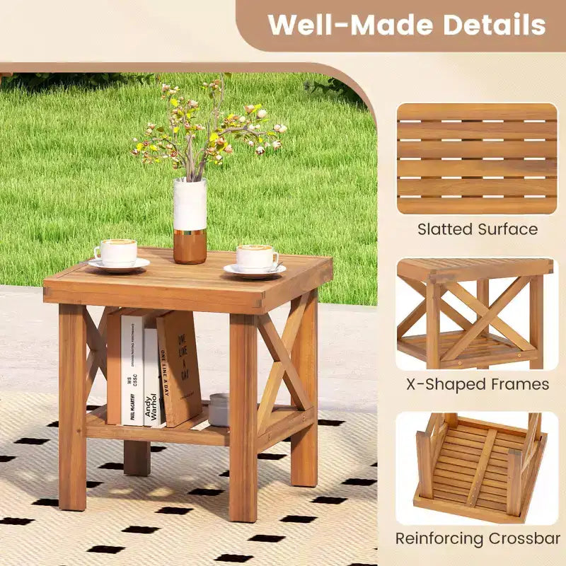 Costway Set di 2 Tavolini da Esterno in Legno di Acacia, Stile Adirondack con Ripiano Contenitore Naturale