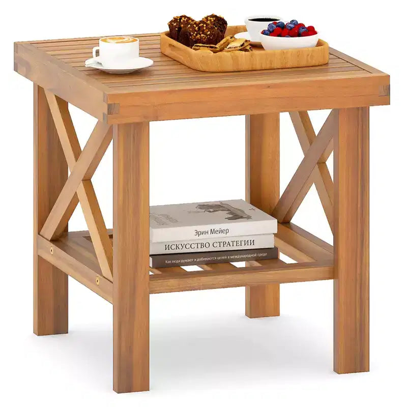 Costway Outdoor Side Table Acacia Wood Adirondack Table w/ Storage Shelf Natural