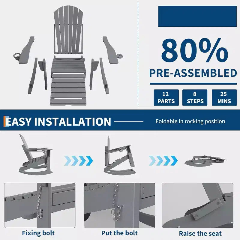 COZONY Sedia a Dondolo Adirondack da Esterno, Design Pieghevole con Portabicchieri, HDPE per Tutte le Condizioni Atmosferiche