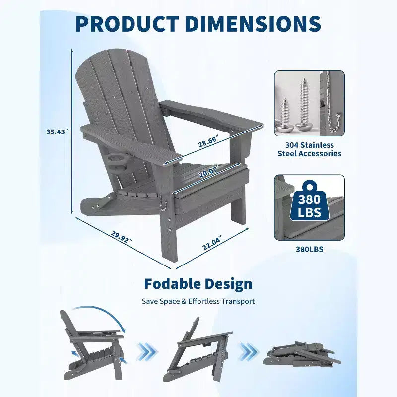 Sedie Adirondack Pieghevoli, Sedie da Esterno in HDPE per Tutte le Stagioni con Portabicchieri e Texture Effetto Legno per Patio, Focolare e Giardino