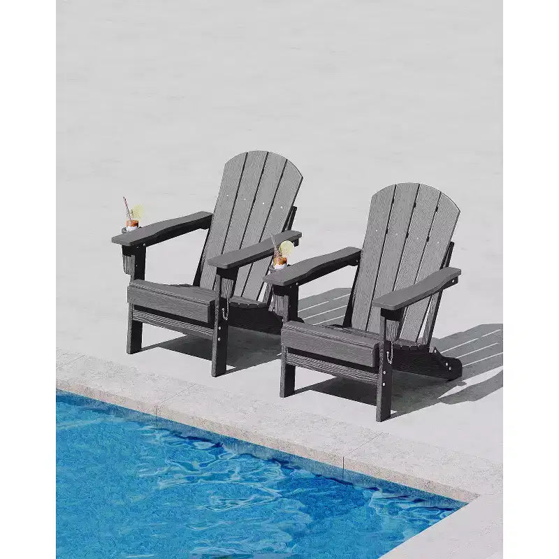 Sedie Adirondack Pieghevoli, Sedie da Esterno in HDPE per Tutte le Stagioni con Portabicchieri e Texture Effetto Legno per Patio, Focolare e Giardino