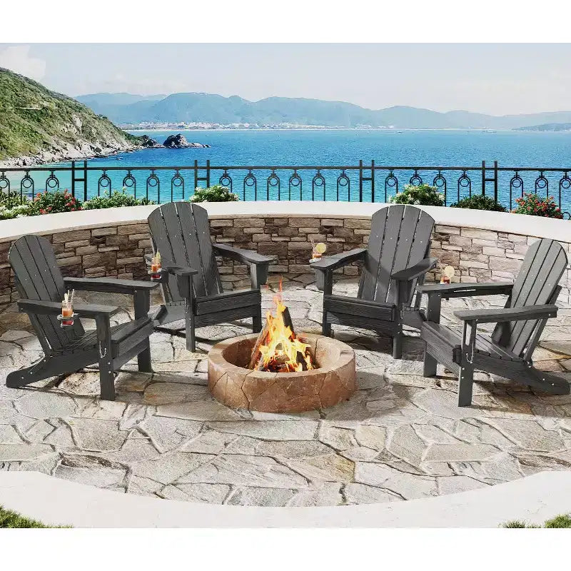 Sedie Adirondack Pieghevoli, Sedie da Esterno in HDPE per Tutte le Stagioni con Portabicchieri e Texture Effetto Legno per Patio, Focolare e Giardino