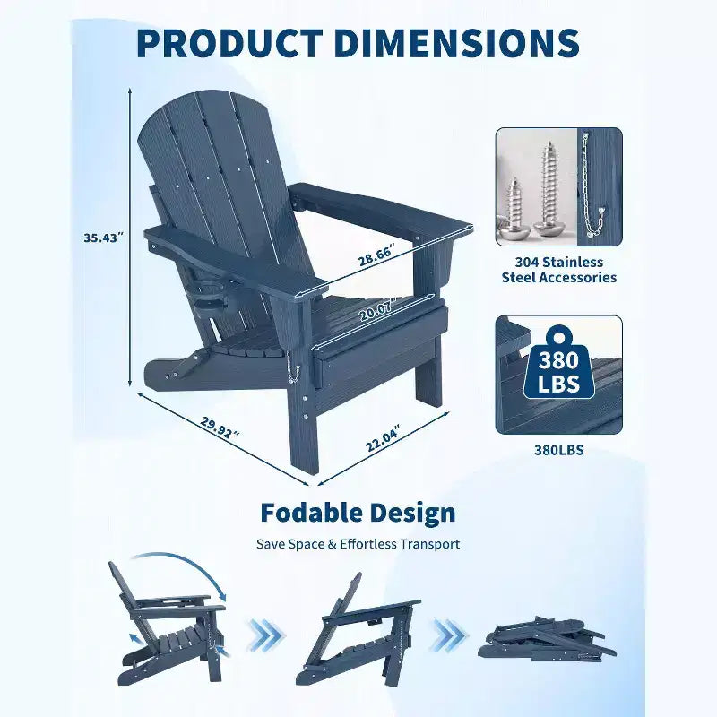 Sedie Adirondack Pieghevoli, Sedie da Esterno in HDPE per Tutte le Stagioni con Portabicchieri e Texture Effetto Legno per Patio, Focolare e Giardino