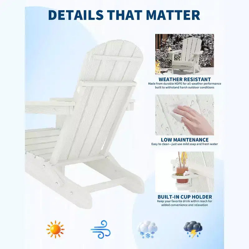 Sedie Adirondack Pieghevoli, Sedie da Esterno in HDPE per Tutte le Stagioni con Portabicchieri e Texture Effetto Legno per Patio, Focolare e Giardino