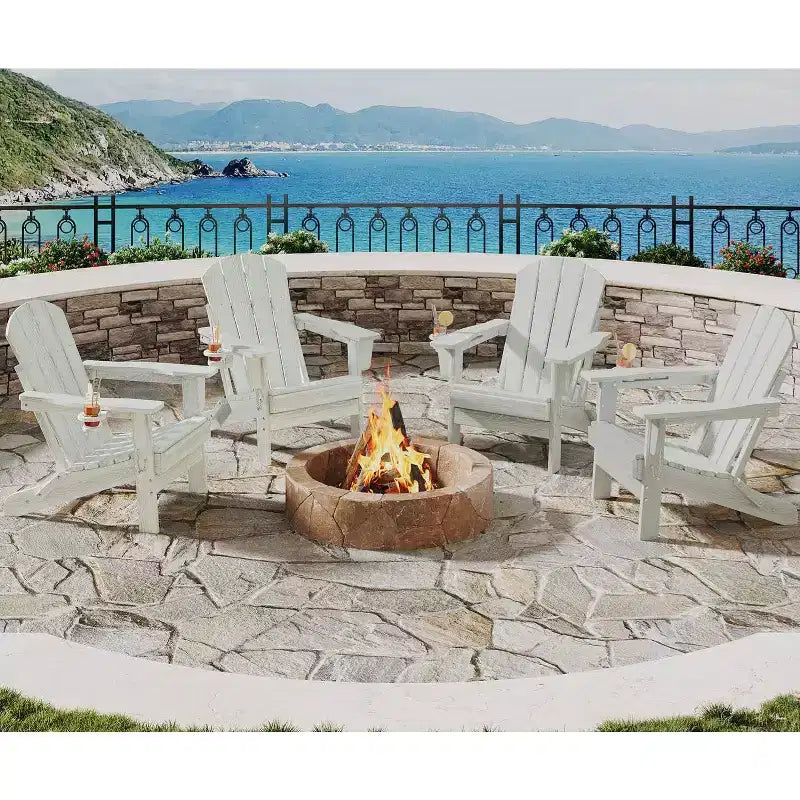 Sedie Adirondack Pieghevoli, Sedie da Esterno in HDPE per Tutte le Stagioni con Portabicchieri e Texture Effetto Legno per Patio, Focolare e Giardino