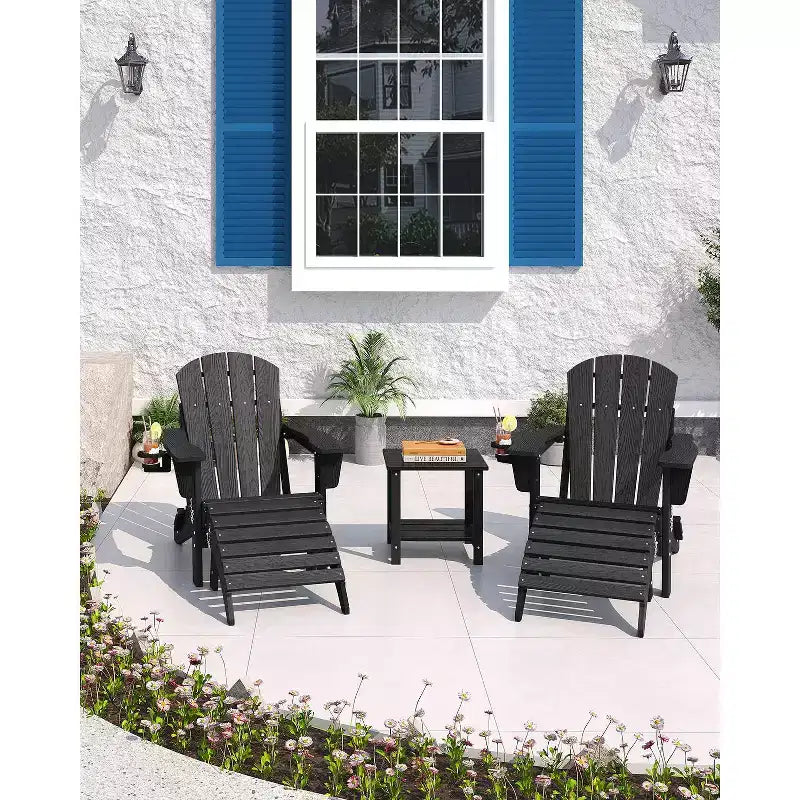 Sedie Adirondack Pieghevoli, Sedie da Esterno in HDPE per Tutte le Stagioni con Portabicchieri e Texture Effetto Legno per Patio, Focolare e Giardino
