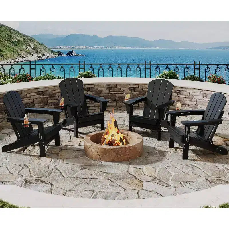 Sedie Adirondack Pieghevoli, Sedie da Esterno in HDPE per Tutte le Stagioni con Portabicchieri e Texture Effetto Legno per Patio, Focolare e Giardino