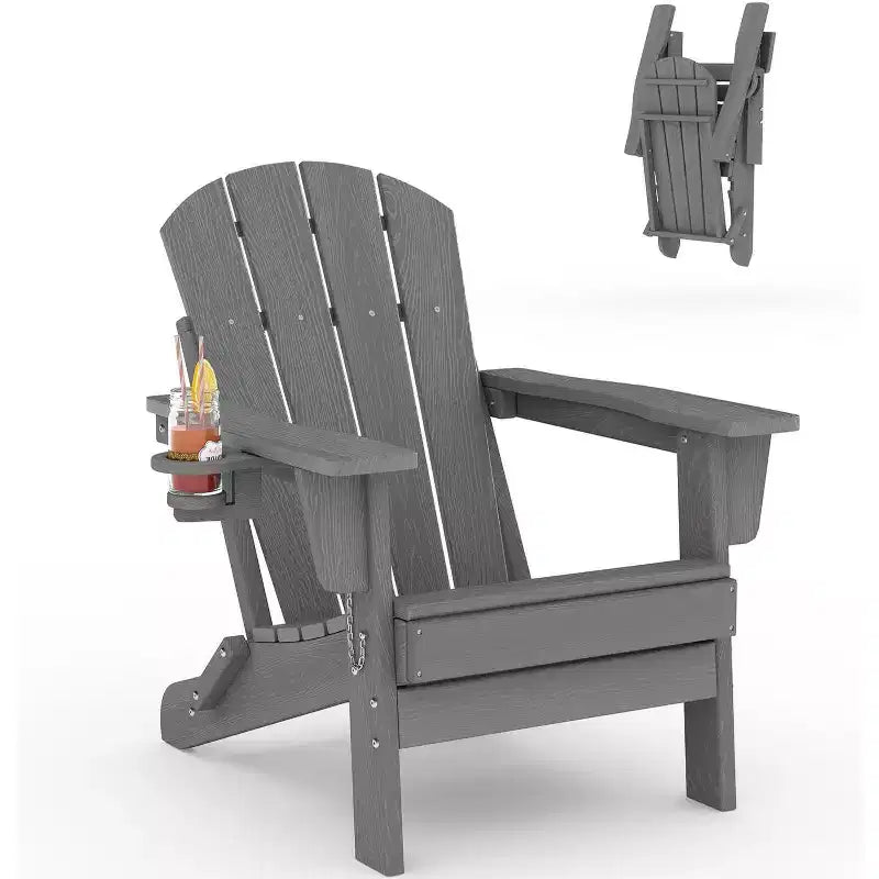Chaises Adirondack Pliables, Chaises d'Extérieur Tous Temps en PEHD avec Porte-Gobelets et Texture Bois pour Patio, Foyer Extérieur et Jardin