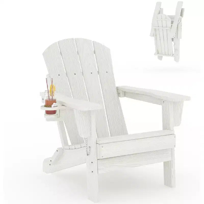 Chaises Adirondack Pliables, Chaises d'Extérieur Tous Temps en PEHD avec Porte-Gobelets et Texture Bois pour Patio, Foyer Extérieur et Jardin