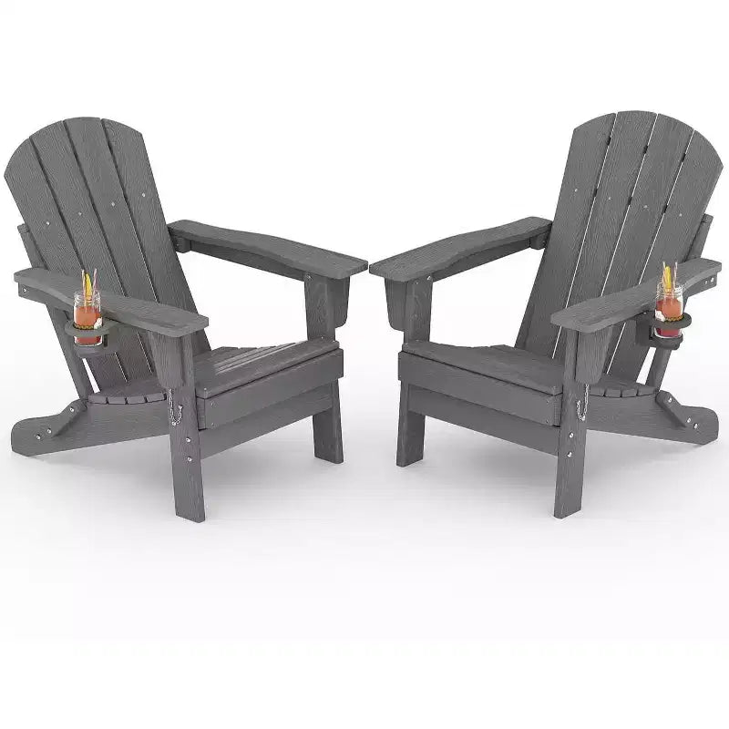 Chaises Adirondack Pliables, Chaises d'Extérieur Tous Temps en PEHD avec Porte-Gobelets et Texture Bois pour Patio, Foyer Extérieur et Jardin