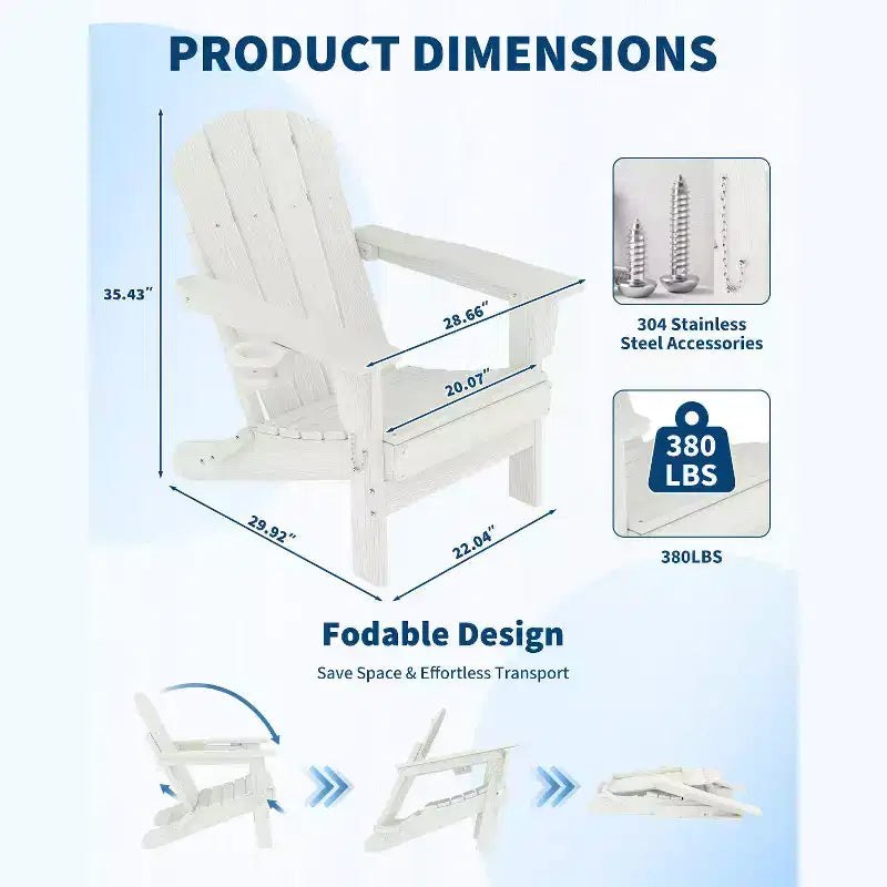 Sedie Adirondack pieghevoli, sedute da esterno in HDPE per tutte le stagioni con texture effetto legno e portabicchieri per patio, braciere e giardino, bianco