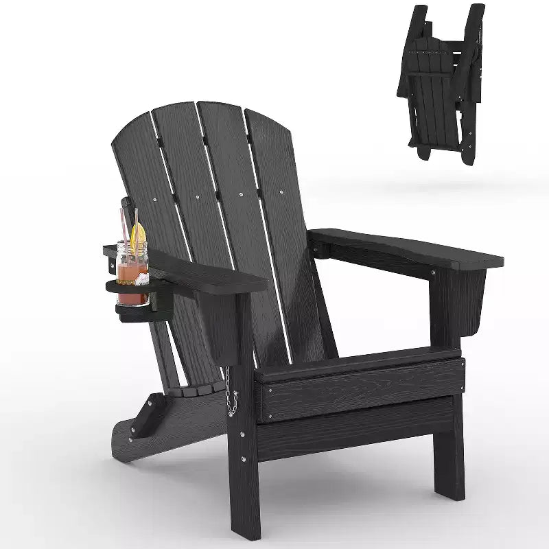 Folding Adirondack Chairs, All-Weather HDPE Outdoor Seating with Wood Texture & Cup Holders for Patio, Fire Pit, and Garden,White