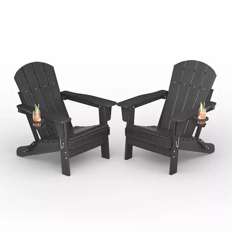 Fauteuils Adirondack pliables, chaises d'extérieur en PEHD tout temps avec texture bois et porte-gobelets pour patio, foyer extérieur et jardin, blanc
