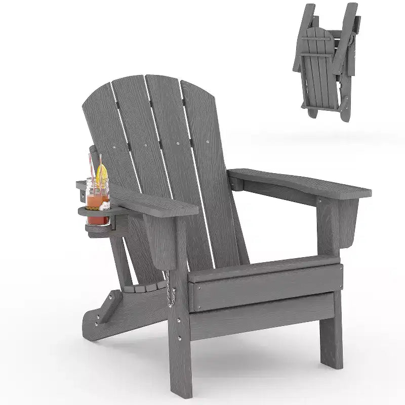 Fauteuils Adirondack pliables, chaises d'extérieur en PEHD tout temps avec texture bois et porte-gobelets pour patio, foyer extérieur et jardin, blanc