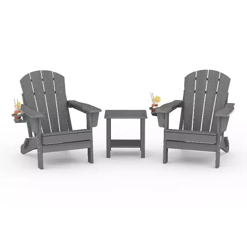 Fauteuils Adirondack pliables, chaises d'extérieur en PEHD tout temps avec texture bois et porte-gobelets pour patio, foyer extérieur et jardin, blanc