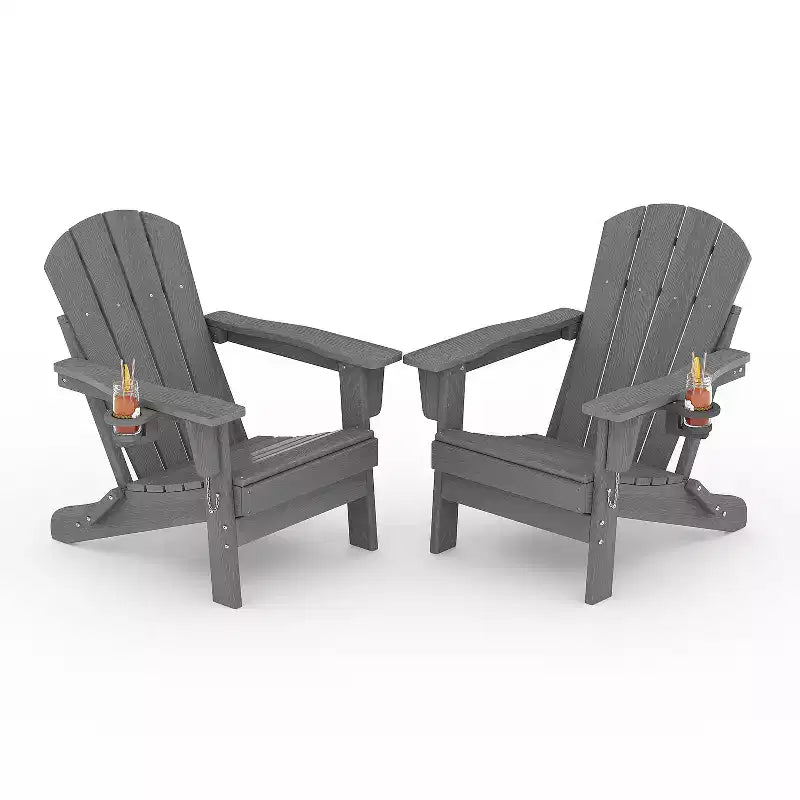 Fauteuils Adirondack pliables, chaises d'extérieur en PEHD tout temps avec texture bois et porte-gobelets pour patio, foyer extérieur et jardin, blanc