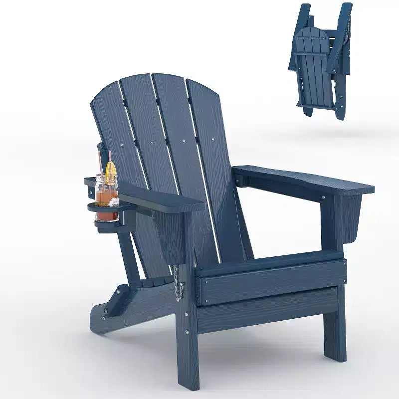 Fauteuils Adirondack pliables, chaises d'extérieur en PEHD tout temps avec texture bois et porte-gobelets pour patio, foyer extérieur et jardin, blanc