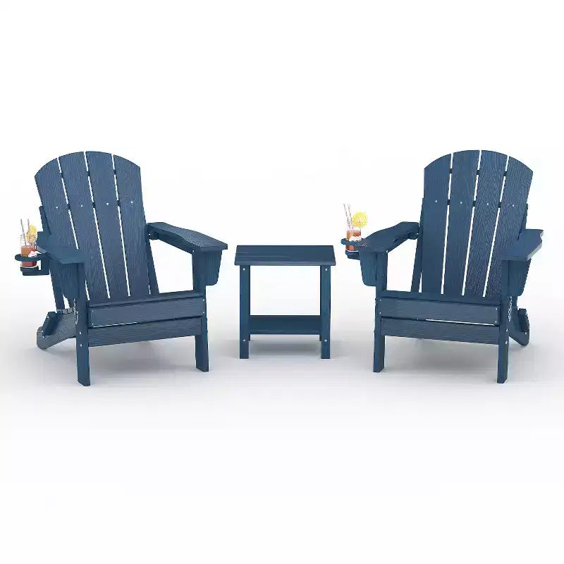 Fauteuils Adirondack pliables, chaises d'extérieur en PEHD tout temps avec texture bois et porte-gobelets pour patio, foyer extérieur et jardin, blanc