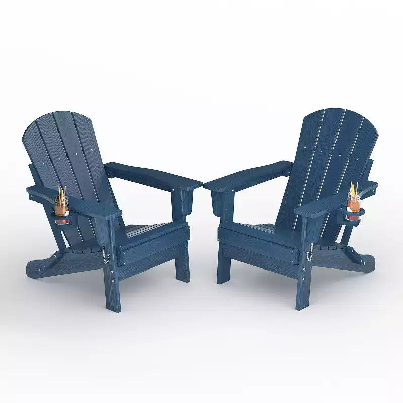 Fauteuils Adirondack pliables, chaises d'extérieur en PEHD tout temps avec texture bois et porte-gobelets pour patio, foyer extérieur et jardin, blanc