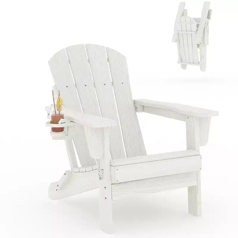 Fauteuils Adirondack pliables, chaises d'extérieur en PEHD tout temps avec texture bois et porte-gobelets pour patio, foyer extérieur et jardin, blanc