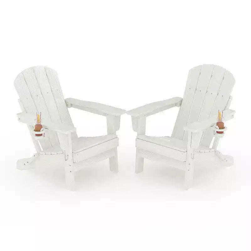 Fauteuils Adirondack pliables, chaises d'extérieur en PEHD tout temps avec texture bois et porte-gobelets pour patio, foyer extérieur et jardin, blanc