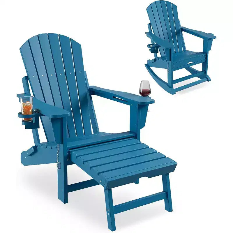 Sedia a dondolo Adirondack da esterno per portico, sedia a dondolo Adirondack pieghevole con due portabicchieri, sedia a dondolo Adirondack da esterno in HDPE per tutte le stagioni