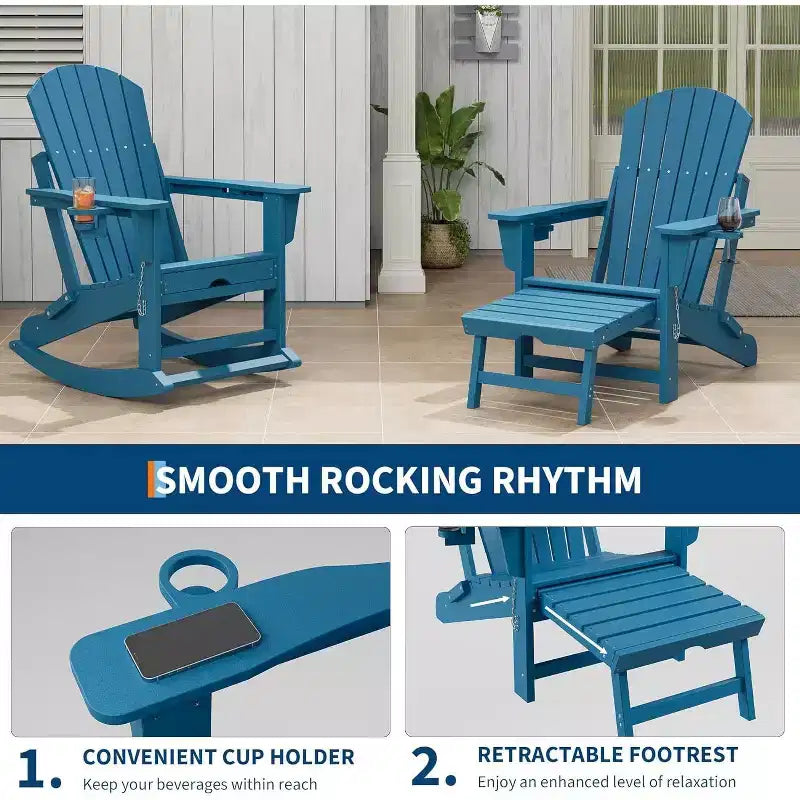 Sedia a dondolo Adirondack da esterno per portico, sedia a dondolo Adirondack pieghevole con due portabicchieri, sedia a dondolo Adirondack da esterno in HDPE per tutte le stagioni