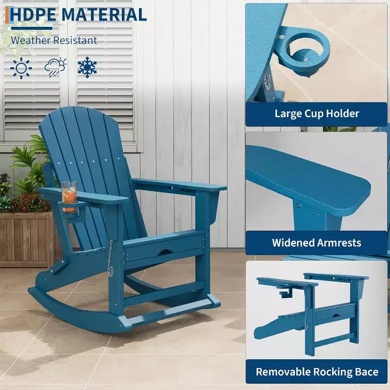 Sedia a dondolo Adirondack da esterno per portico, sedia a dondolo Adirondack pieghevole con due portabicchieri, sedia a dondolo Adirondack da esterno in HDPE per tutte le stagioni