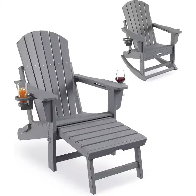 Sedia a dondolo Adirondack da esterno per portico, sedia a dondolo Adirondack pieghevole con due portabicchieri, sedia a dondolo Adirondack da esterno in HDPE per tutte le stagioni