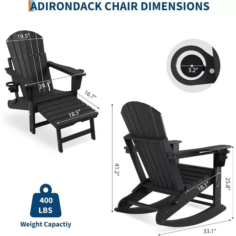 Sedia a dondolo Adirondack da esterno per portico, sedia a dondolo Adirondack pieghevole con due portabicchieri, sedia a dondolo Adirondack da esterno in HDPE per tutte le stagioni