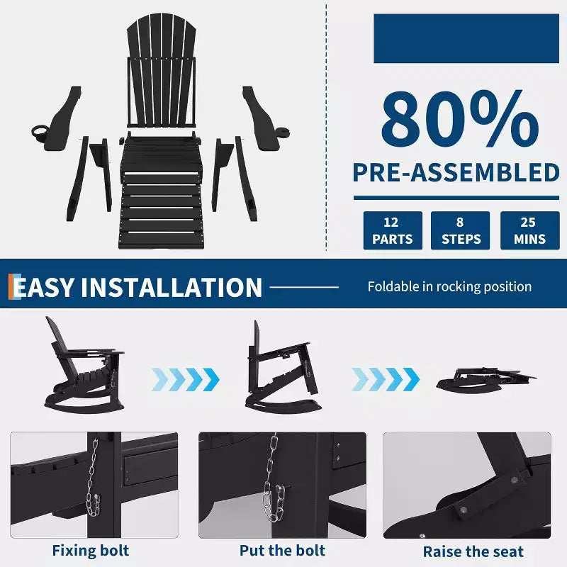 Sedia a dondolo Adirondack da esterno per portico, sedia a dondolo Adirondack pieghevole con due portabicchieri, sedia a dondolo Adirondack da esterno in HDPE per tutte le stagioni