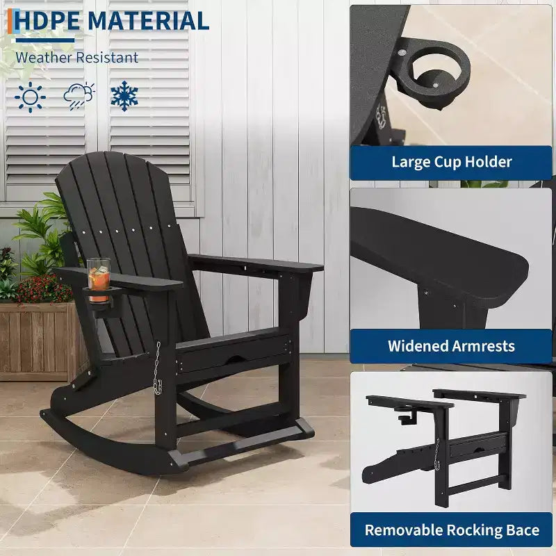 Sedia a dondolo Adirondack da esterno per portico, sedia a dondolo Adirondack pieghevole con due portabicchieri, sedia a dondolo Adirondack da esterno in HDPE per tutte le stagioni