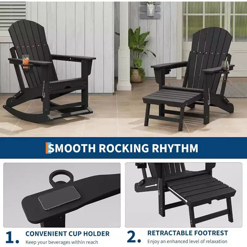 Sedia a dondolo Adirondack da esterno per portico, sedia a dondolo Adirondack pieghevole con due portabicchieri, sedia a dondolo Adirondack da esterno in HDPE per tutte le stagioni