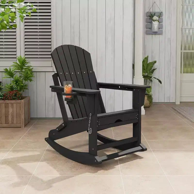 Adirondack Outdoor Rocking Chairs for Porch, Folding Adirondack Rocker Chair With Two Cup Holders, HDPE All Weather Outdoor Adirondacks Rocking Chair