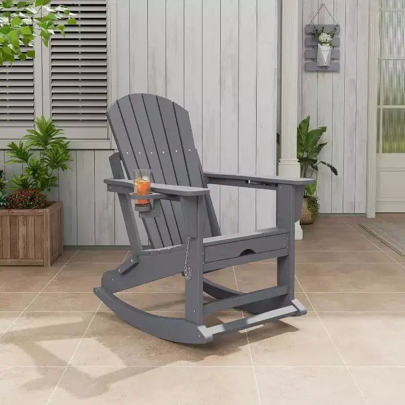 Sedia a dondolo Adirondack da esterno per portico, sedia a dondolo Adirondack pieghevole con due portabicchieri, sedia a dondolo Adirondack da esterno in HDPE per tutte le stagioni