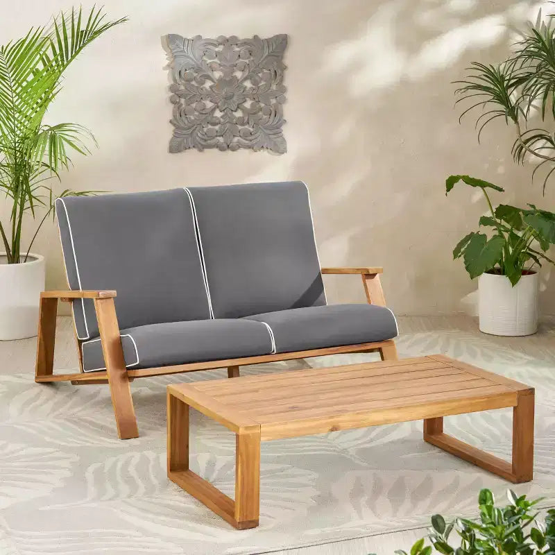 MAYEERTY Set Divano da Giardino 2 Pezzi, Divanetto Adirondack e Tavolino da Caffè in Legno massello di Acacia con Cuscini Resistenti alle Intemperie