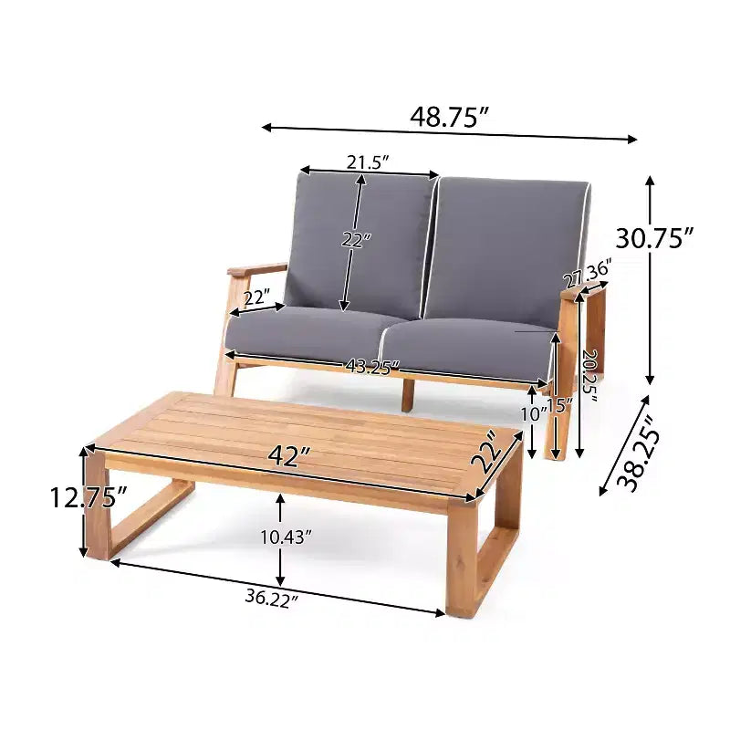 MAYEERTY Set Divano da Giardino 2 Pezzi, Divanetto Adirondack e Tavolino da Caffè in Legno massello di Acacia con Cuscini Resistenti alle Intemperie