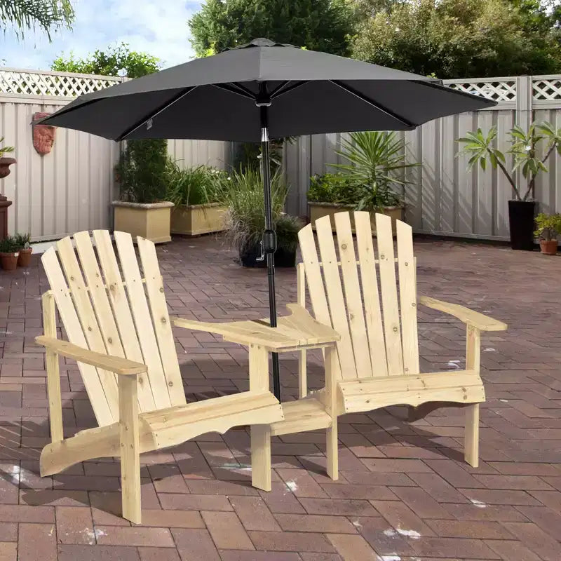 Salottino con focolare, 2 sedie Adirondack in legno con tavolo da esterno e foro per ombrellone, panca Adirondack in legno per 2 persone, naturale