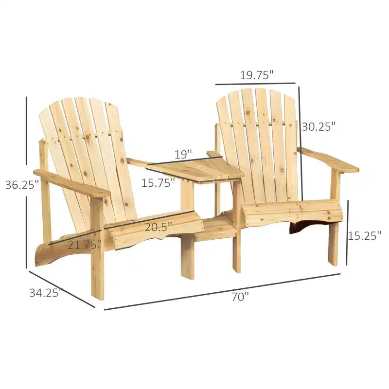Salottino con focolare, 2 sedie Adirondack in legno con tavolo da esterno e foro per ombrellone, panca Adirondack in legno per 2 persone, naturale