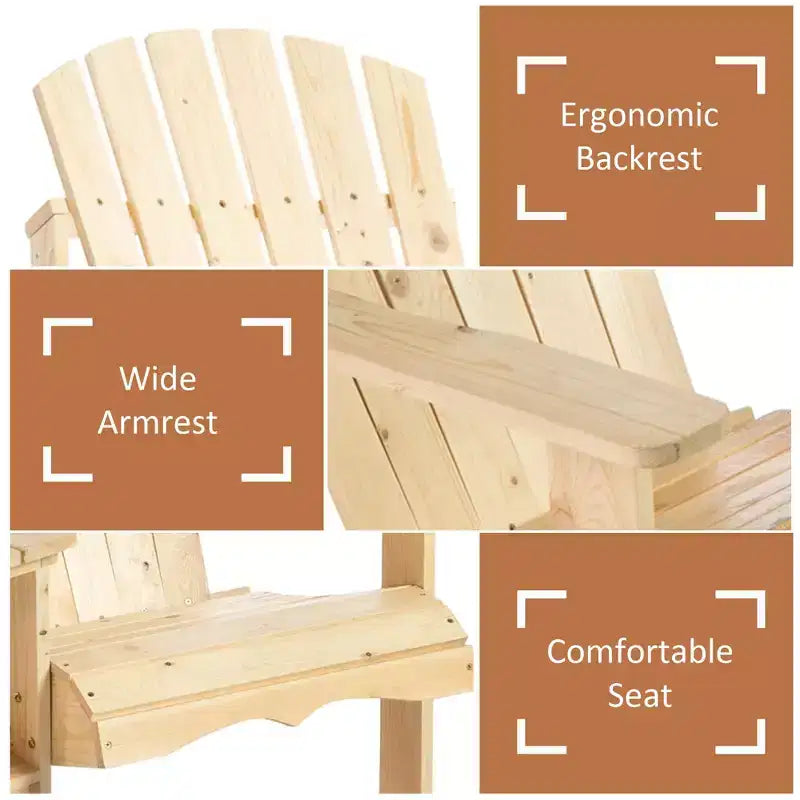 Salottino con focolare, 2 sedie Adirondack in legno con tavolo da esterno e foro per ombrellone, panca Adirondack in legno per 2 persone, naturale