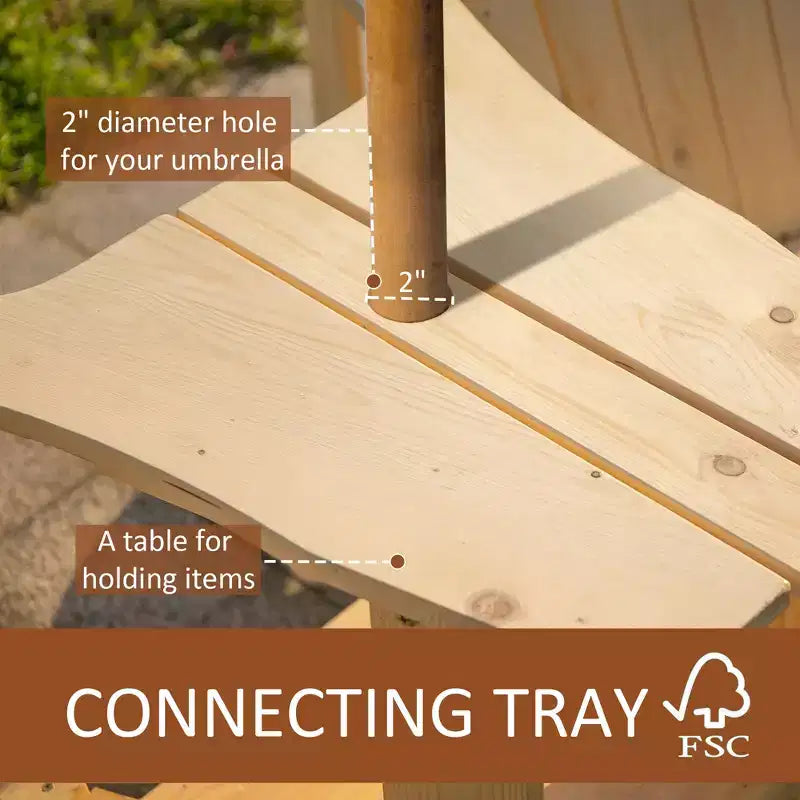 Salottino con focolare, 2 sedie Adirondack in legno con tavolo da esterno e foro per ombrellone, panca Adirondack in legno per 2 persone, naturale