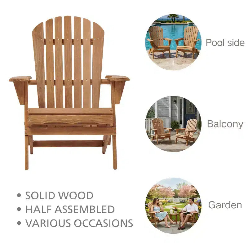 Set di 2 sedie pieghevoli Adirondack in legno per esterni con schienale, sedia da patio in legno per giardino e cortile