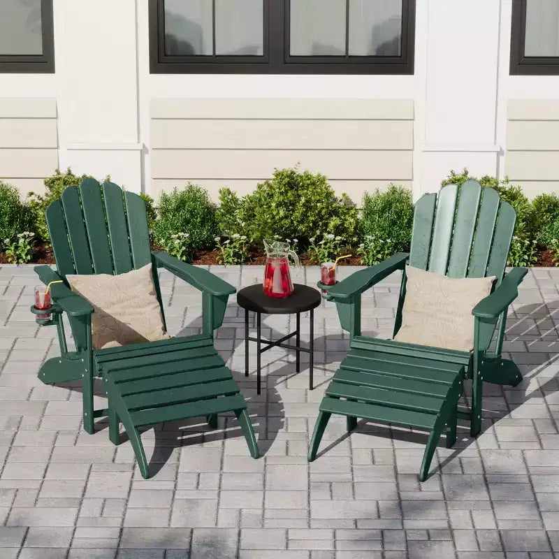 WestinTrends Highland Ensemble 4 Pièces Chaises Adirondack d'Extérieur en PEHD avec Ottomans et Porte-Gobelets, Vert Foncé