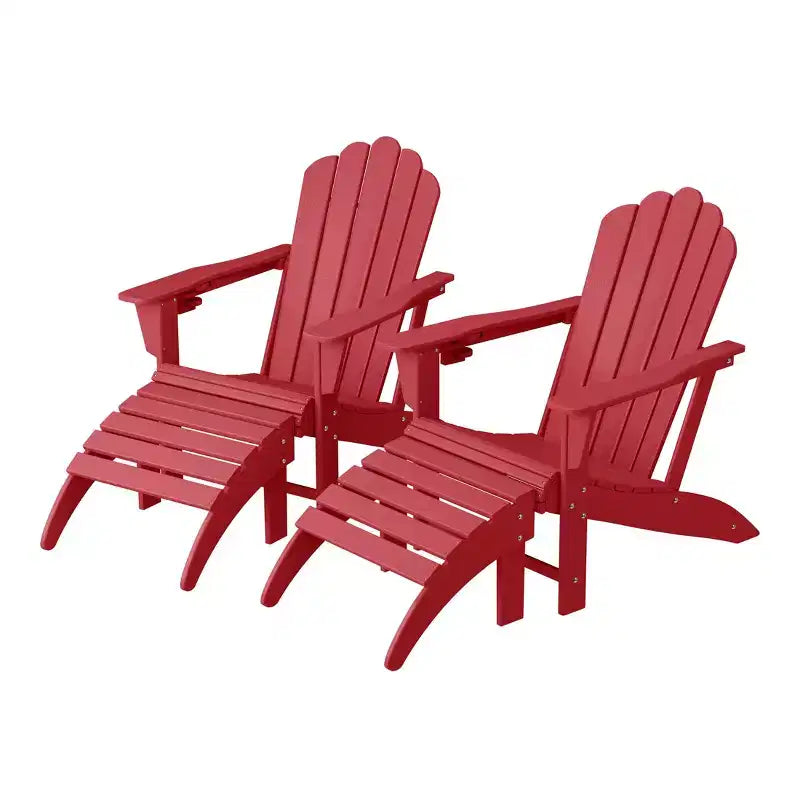 WestinTrends Highland 4-Piece Outdoor Patio HDPE Adirondack Chairs With Ottomans and Cup Holder Set, Red