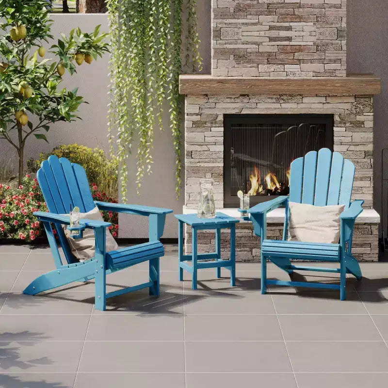 WestinTrends Highland Set di 3 Poltrone da Giardino Adirondack in HDPE da Esterno con Portabicchiere e Tavolino, Blu Pacifico