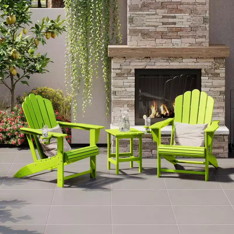 WestinTrends Highland Ensemble de 3 chaises Adirondack d'extérieur en PEHD avec porte-gobelet et table, couleur citron vert
